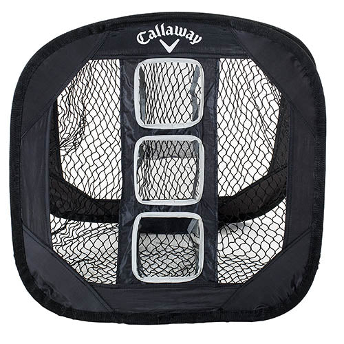Black callaway golf net with white mesh and four square pockets.