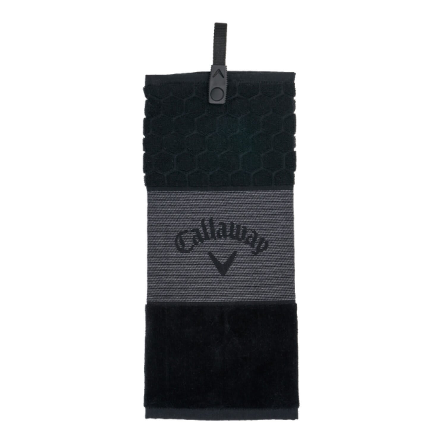 Black and gray callaway golf towel with textured pattern and hook.