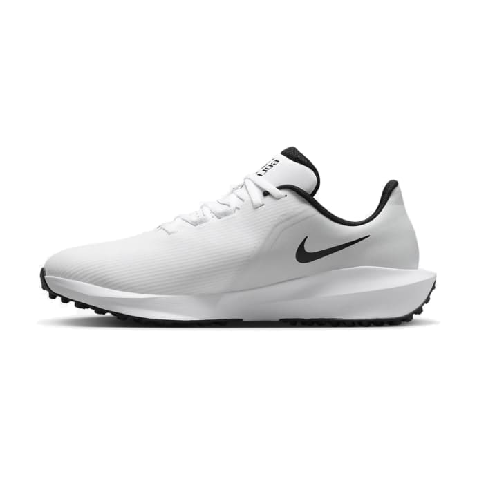 White nike golf shoe with black accents and spikes.