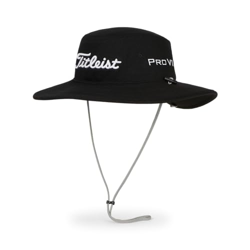 Black titleist golf bucket hat with adjustable chin strap and logo.