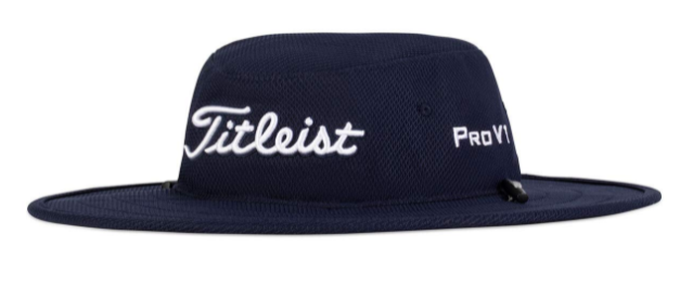 Navy blue titleist golf hat with white logo and text, wide brim.