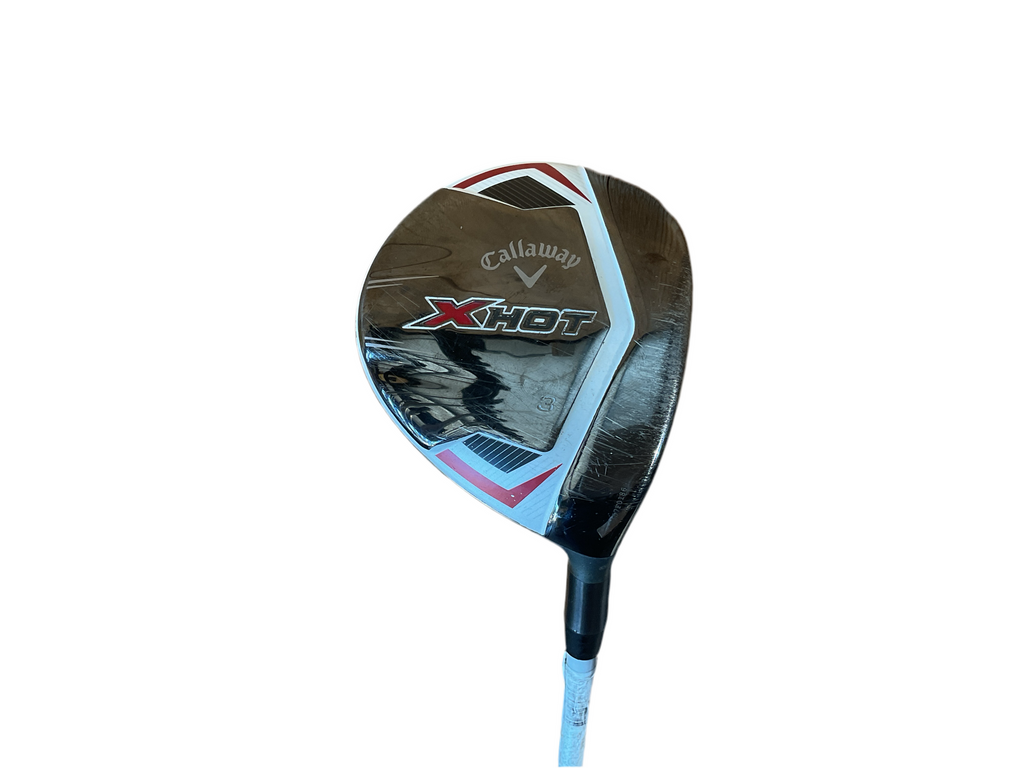 Callaway x-hot driver golf club with black and white design, featuring a sleek titanium shaft.