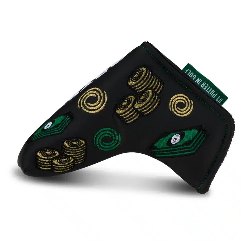 Black and gold golf putter cover with green accents, featuring a unique coin pattern design.