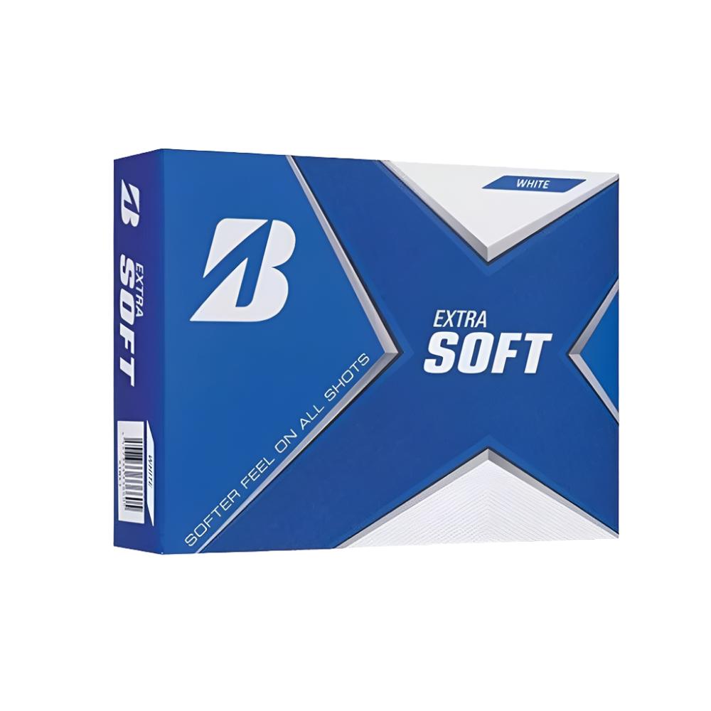 Blue and white golf ball box with ’extra soft’ branding.
