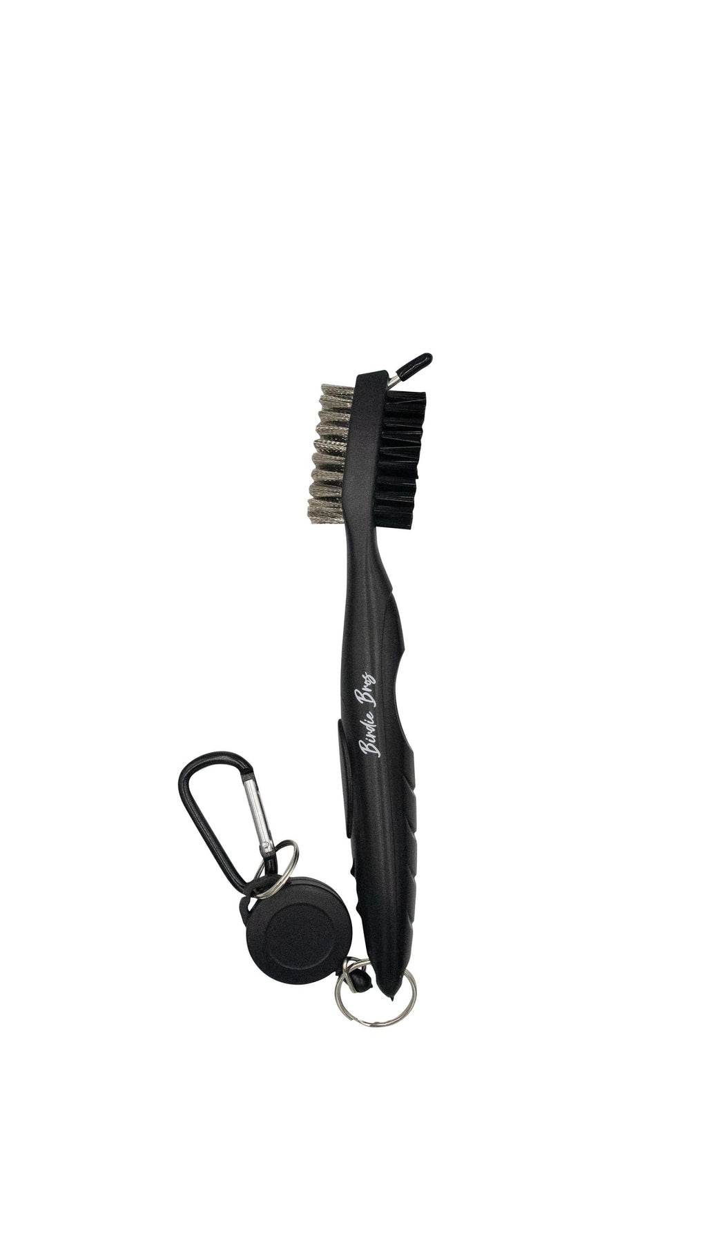 Black metal scrub brush with carabiner and retractable cord, designed for outdoor use.