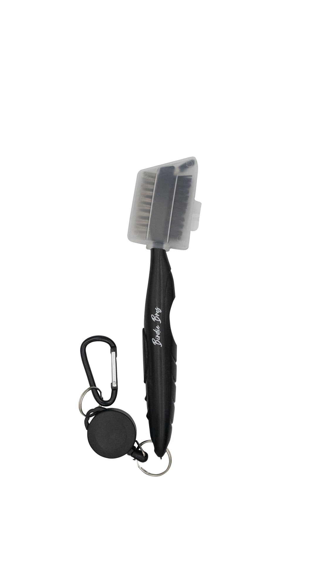 Black and silver travel toothbrush with carabiner attachment.