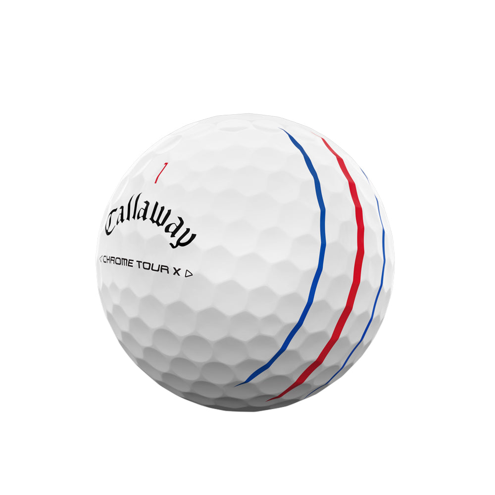 Callaway chrome tour x golf ball with red and blue stripes.
