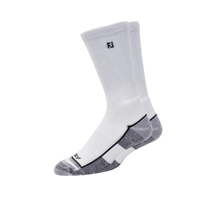 White golf socks with black ’fj’ logo and gray accents.