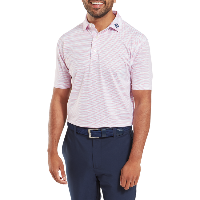 Footjoy Men`s Golf Shirt | EU Wiggle Print Lisle | White/Skyway/Pink Lemonade