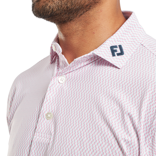 Footjoy Men`s Golf Shirt | EU Wiggle Print Lisle | White/Skyway/Pink Lemonade
