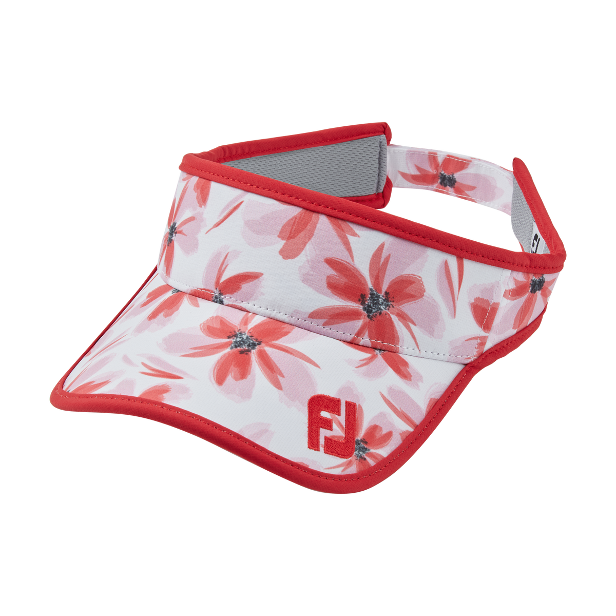 Footjoy floral golf visor with red trim and white background.