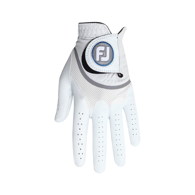 White golf glove with perforated finger tips and branded logo on palm.