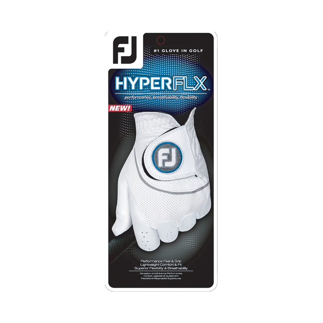 White golf glove with perforated design and ’fj’ logo, made by footjoy hyperflx.