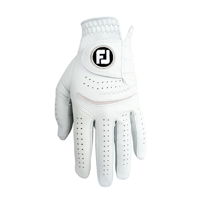 White golf glove with perforated palm and fj logo, made of leather.