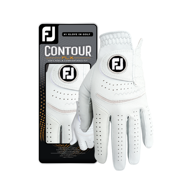 Footjoy contour flex golf glove, white leather with perforated palm and wrist strap.