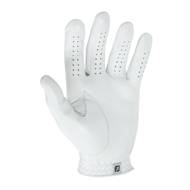 White golf glove with perforated fingers and logo on wrist.