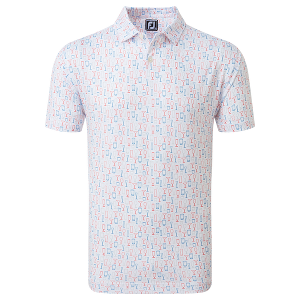 White polo shirt with multicolored logo pattern, footjoy brand.