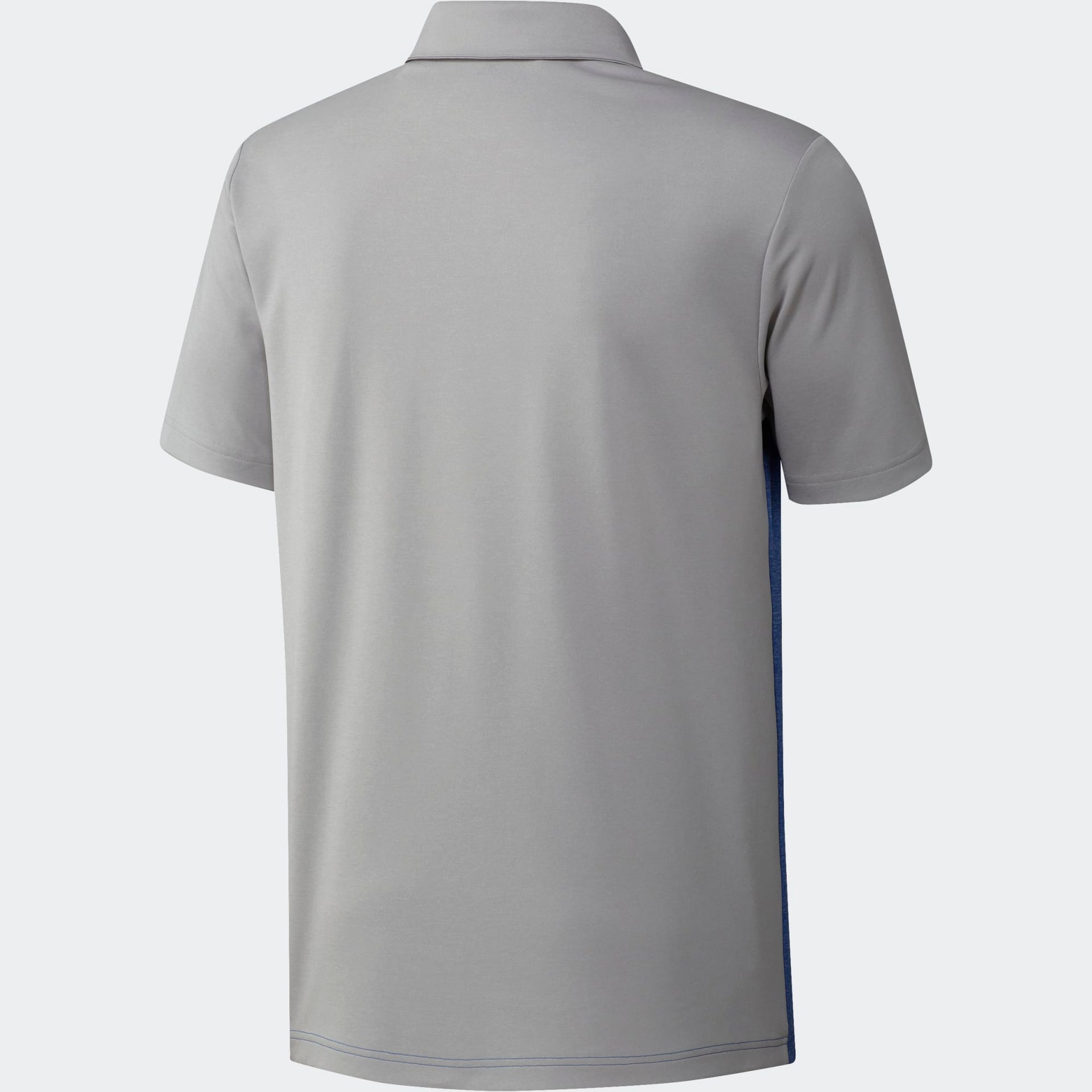 Gray polo shirt with blue stripe and collar, adidas brand.