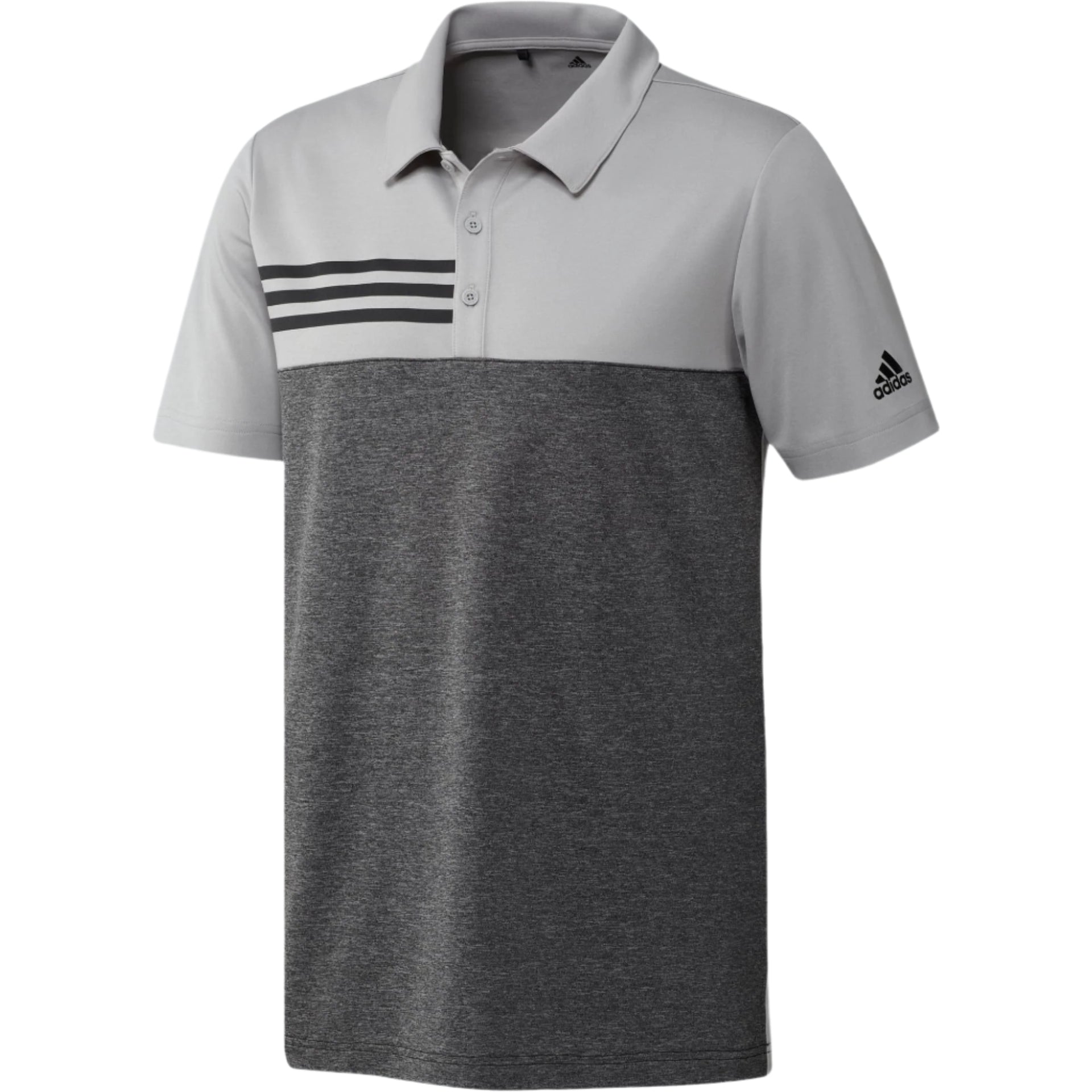 Adidas polo shirt with three stripes, gray and black color scheme.