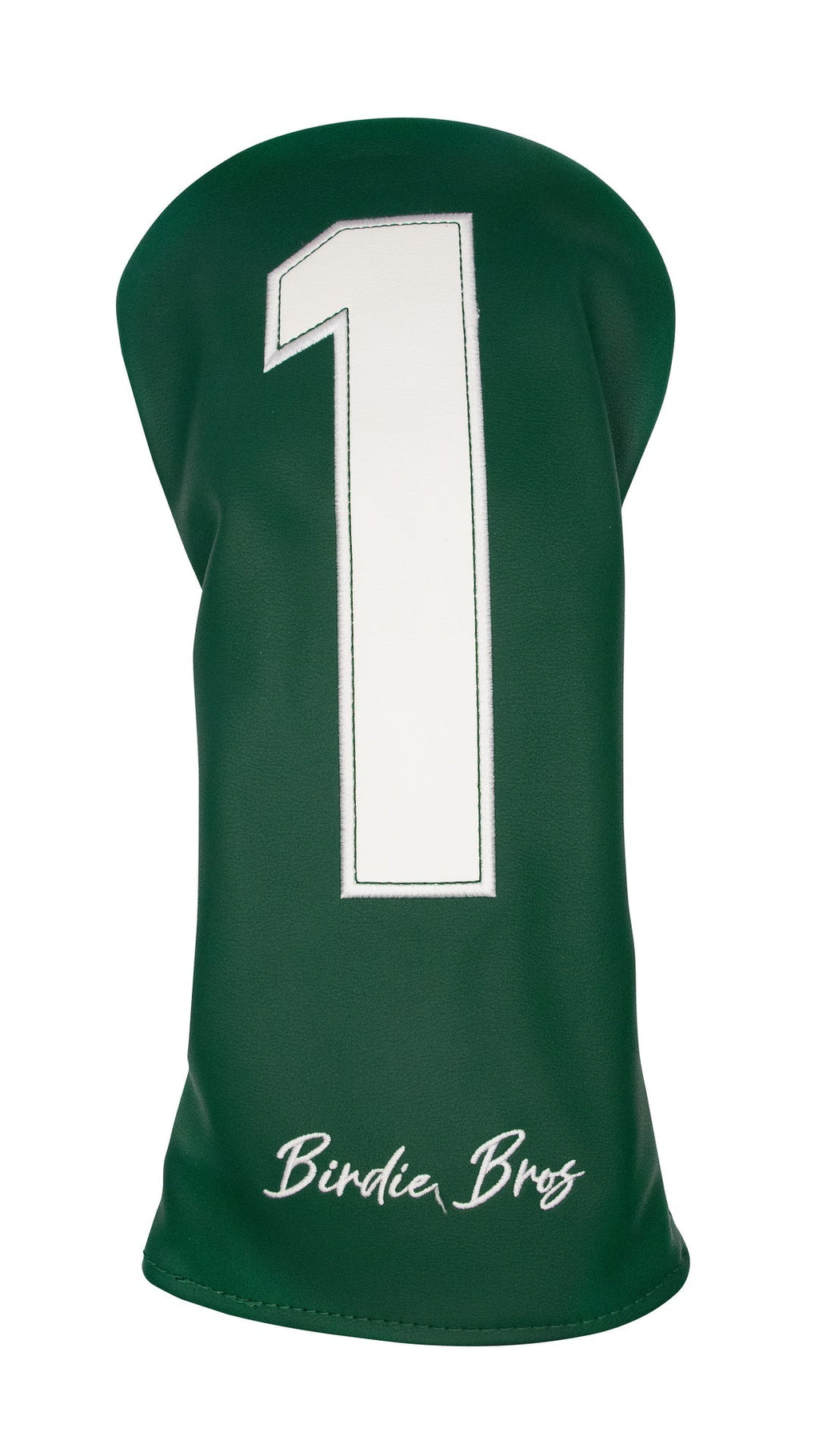 Green golf club head cover with white number 1 and ’birdie bros’ branding.