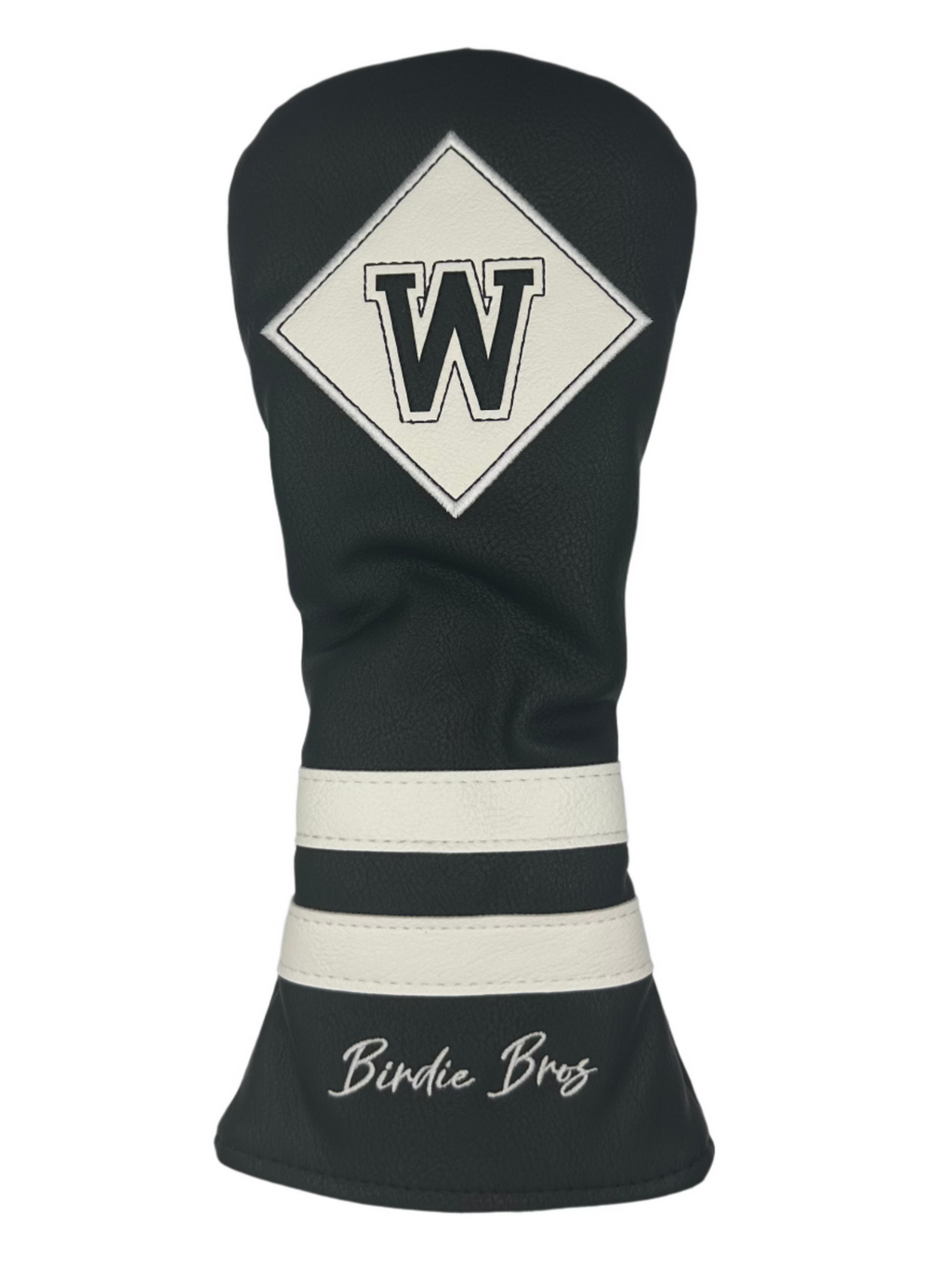Black and white golf club head cover with a diamond-shaped logo featuring the letter ’w’ in gray.