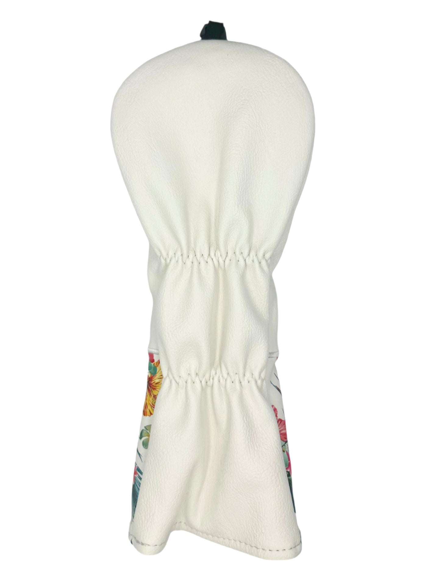 White floral golf club head cover with elastic drawstring closure.