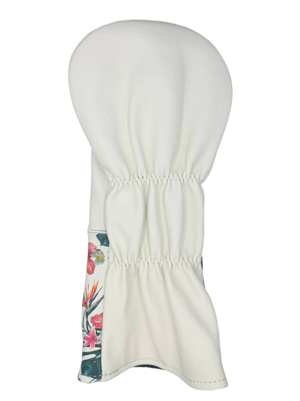White floral golf club head cover with elastic band and drawstring closure.