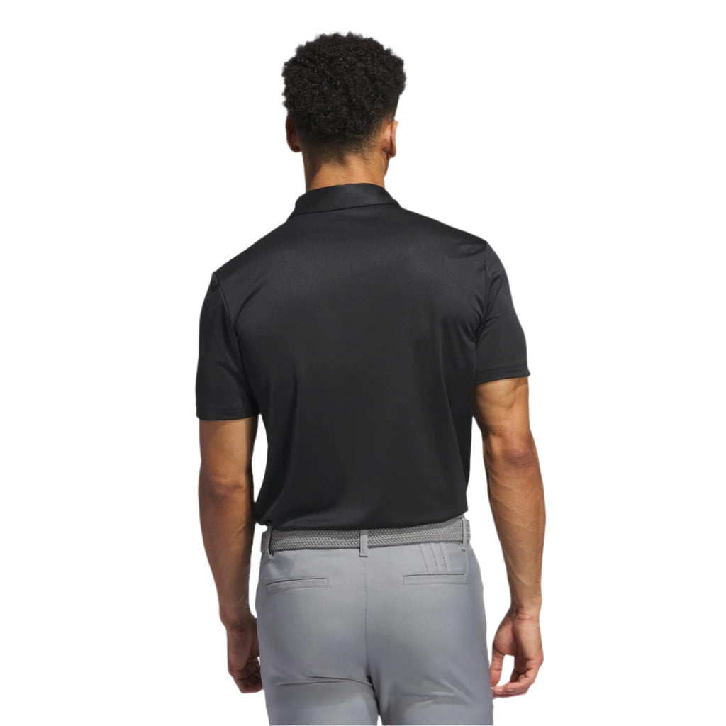 Black polo shirt with short sleeves and collar, made of polyester material.