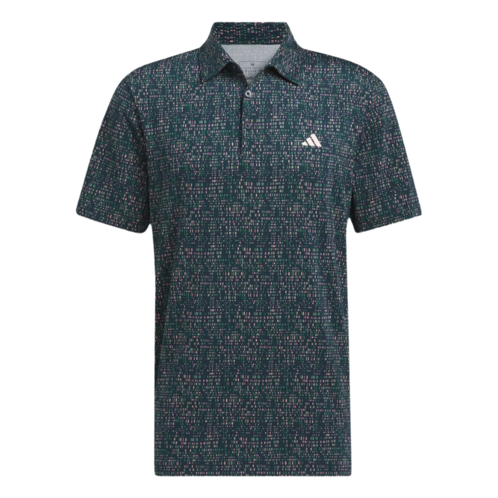 Adidas polo shirt with pixelated pattern, dark green and black colors.