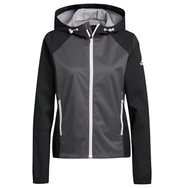 Adidas black and gray hooded jacket with white zipper.