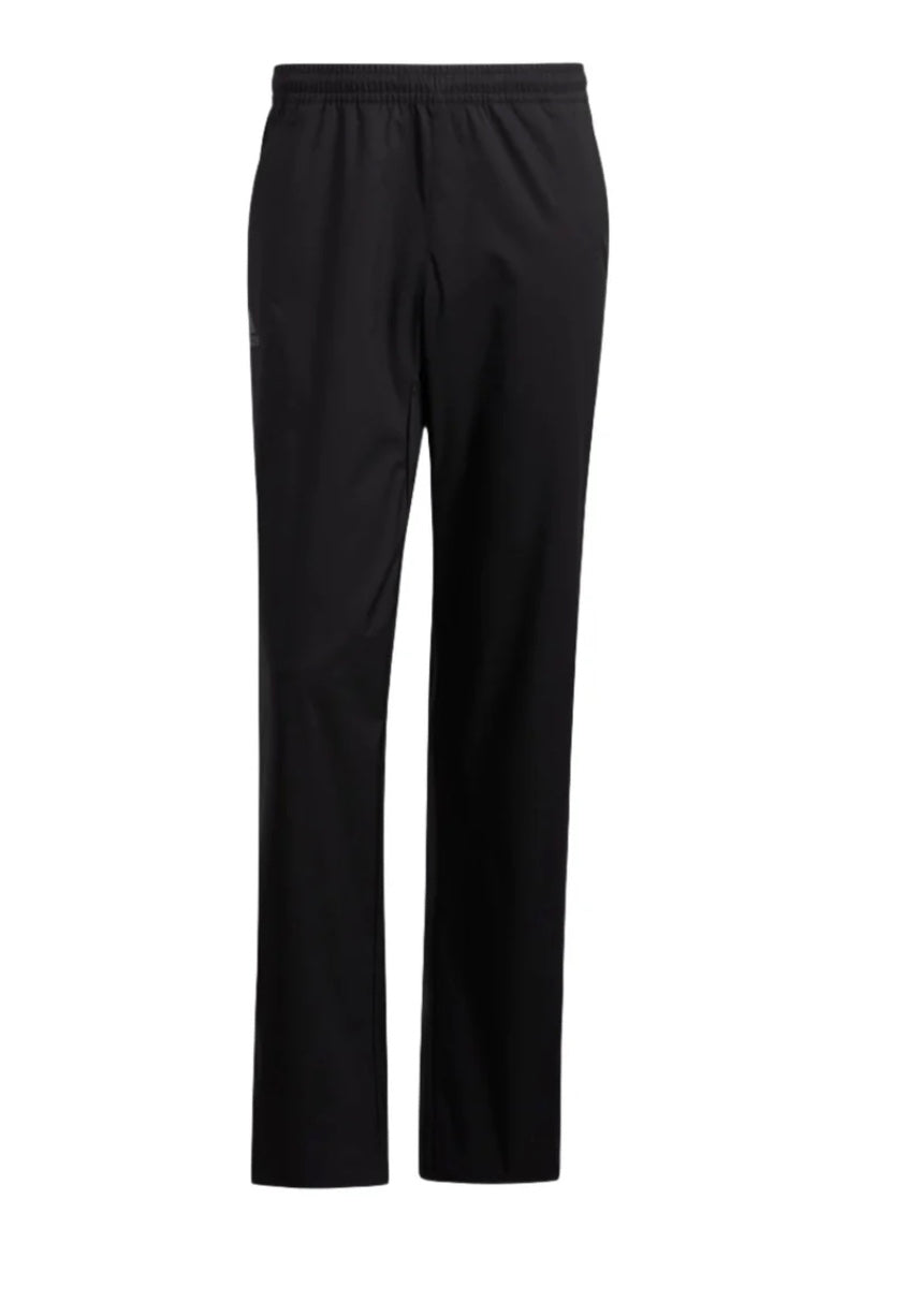 Black straight-leg dress pants with elastic waistband and pleats at the front.