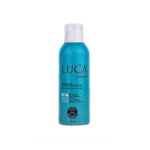 Luca sunscreen spray bottle with a teal label and white cap.