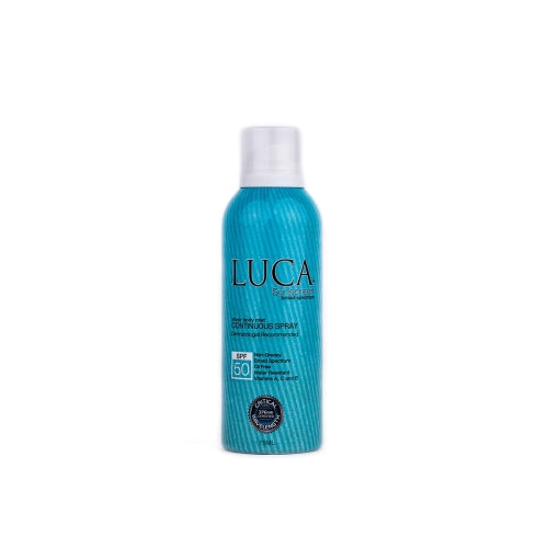 Luca sunscreen spray bottle with white cap and blue label.