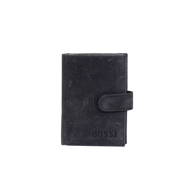 Black leather wallet with textured surface and embossed logo.