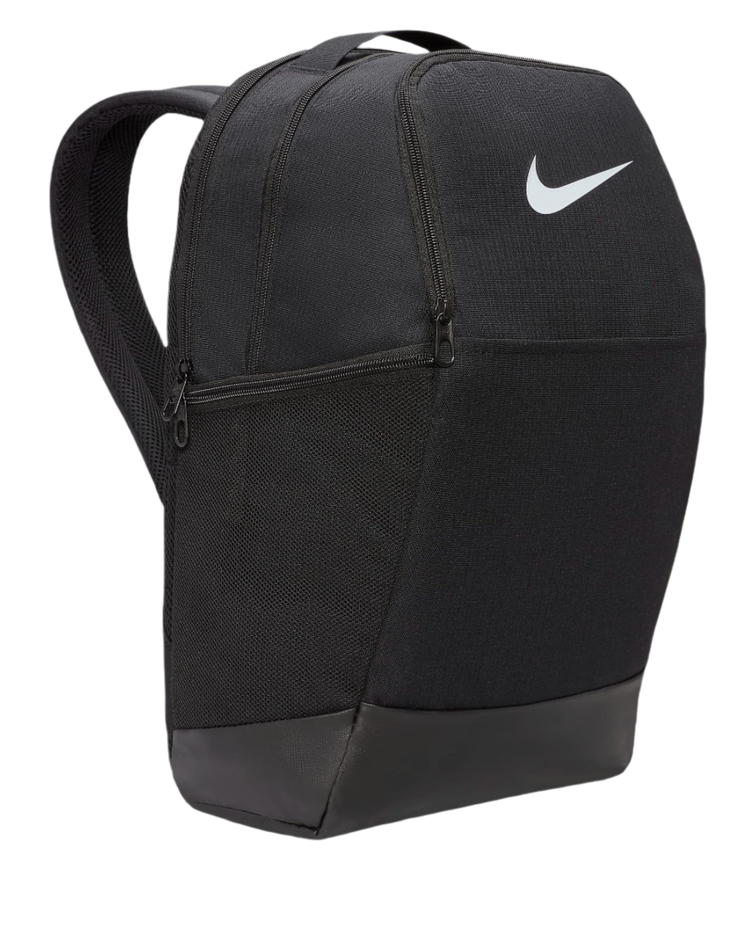 Black nike backpack with white swoosh and mesh details.