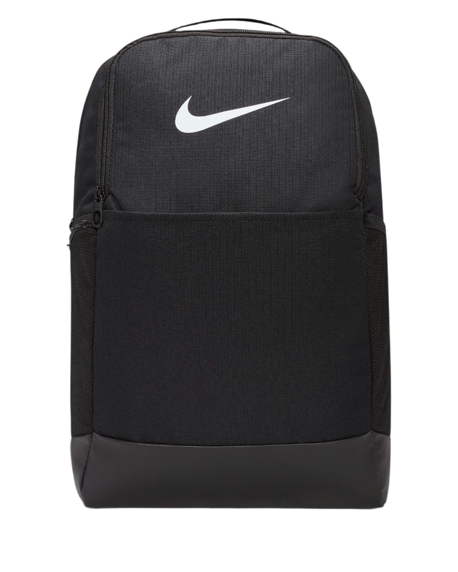 Black nike brasilia backpack with white swoosh logo and textured fabric design.