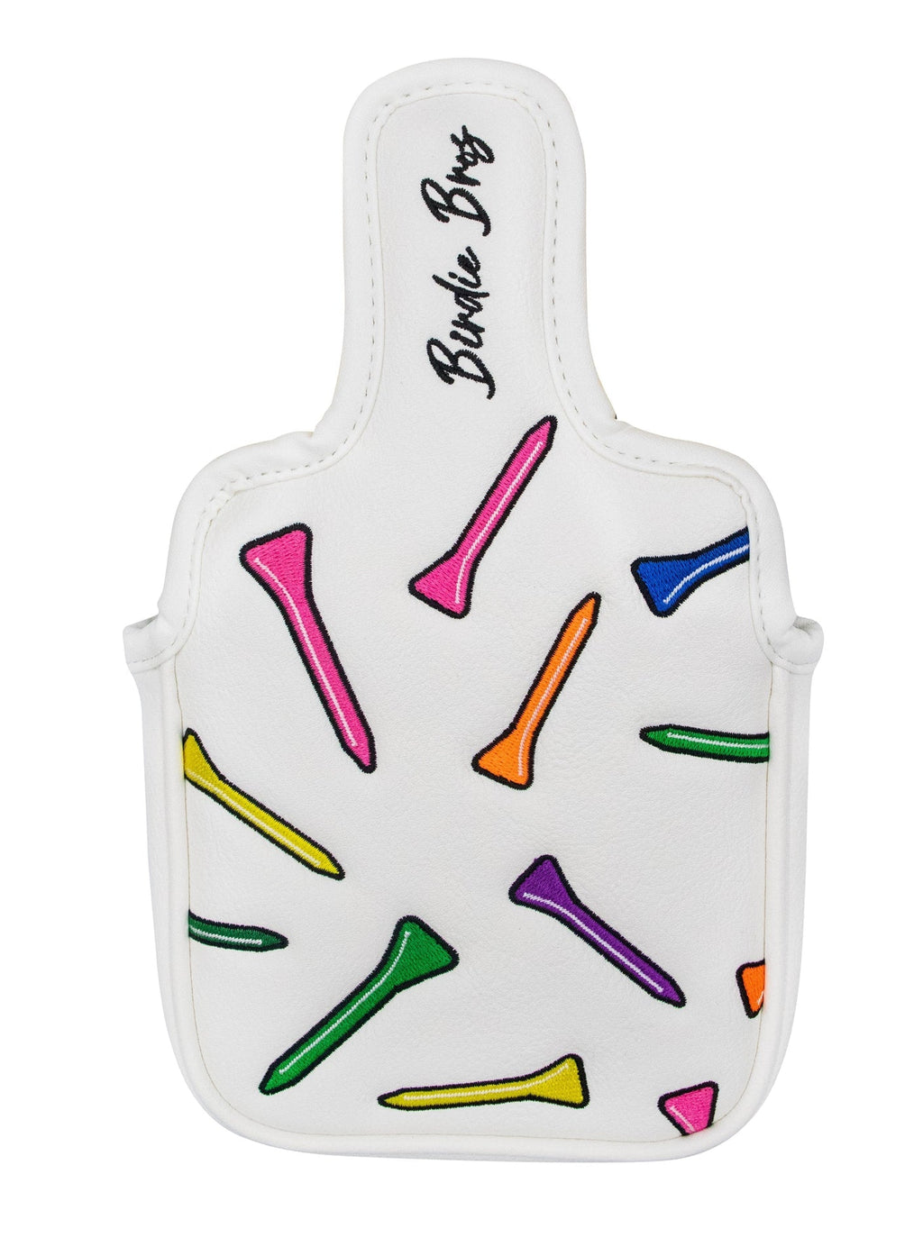White golf tee organizer with colorful tees and ’birdie bros’ branding.