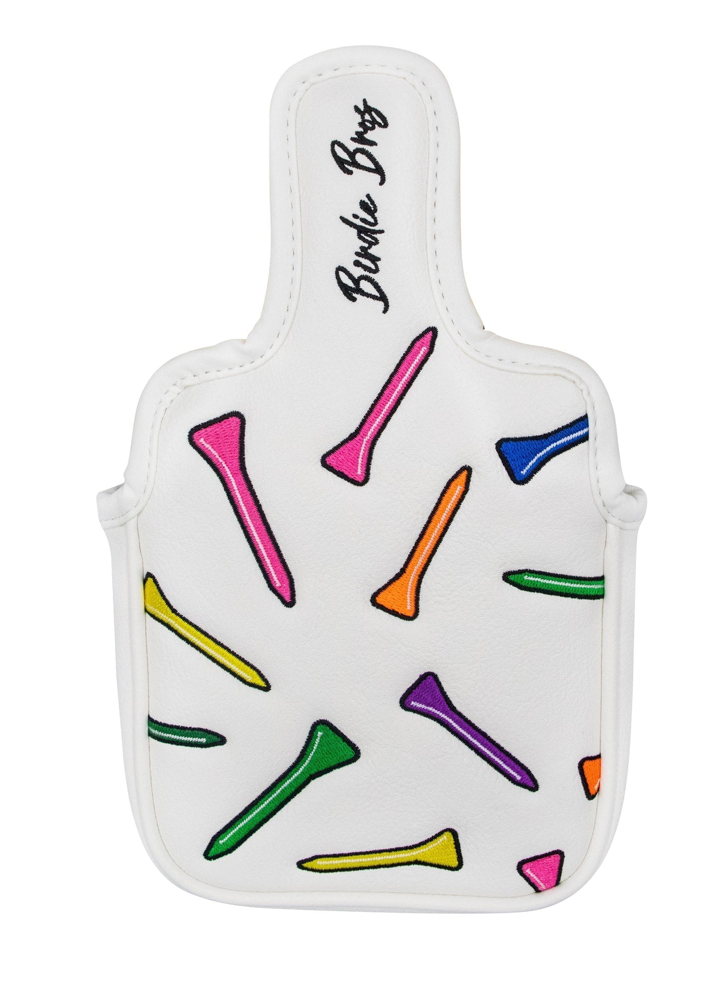 White golf tee organizer with colorful tees and ’birdie bros’ branding.