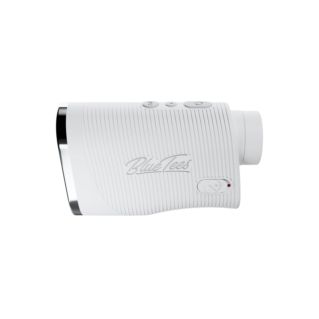 White and silver metallic golf club head cover with blue tees logo.