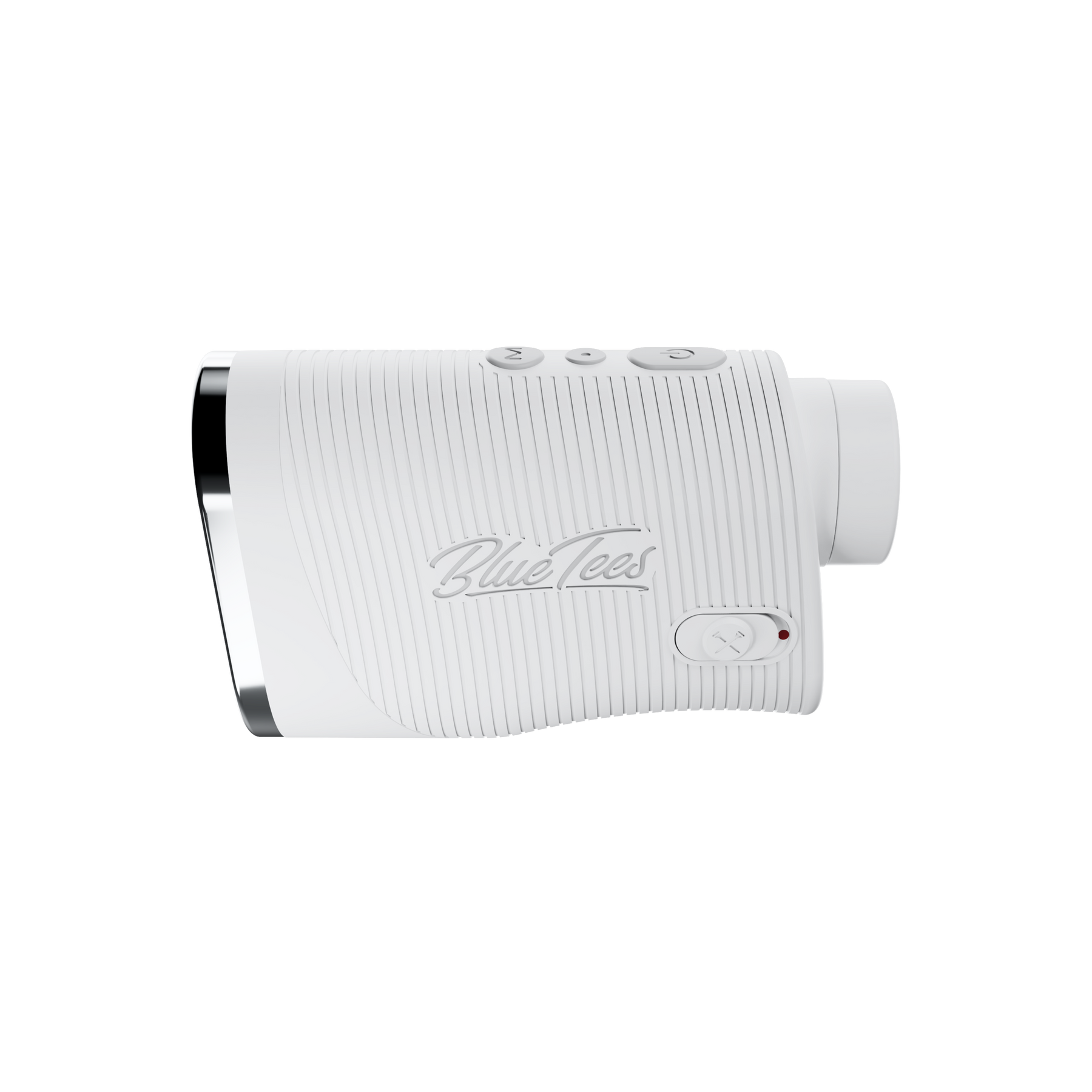 White and silver metallic golf club head cover with blue tees logo.