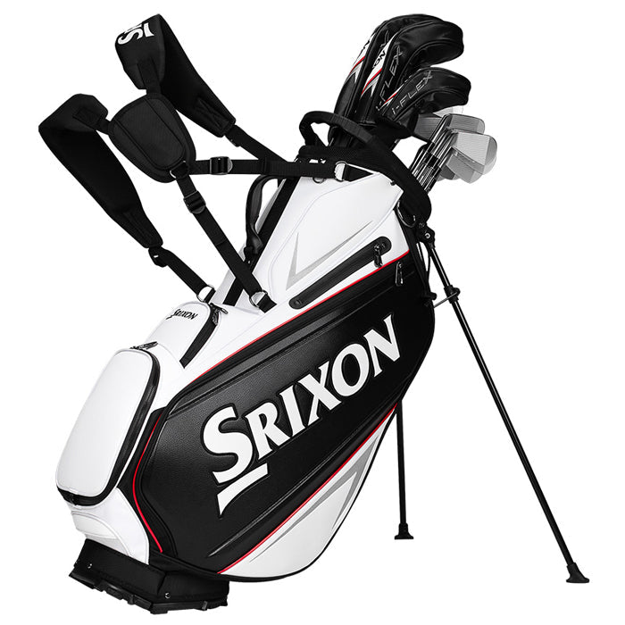Srixon golf bag with white and black accents, featuring a sleek design.