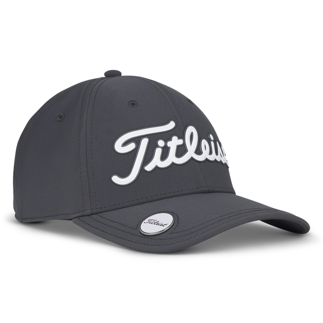 Titleist golf cap in dark gray with white logo and adjustable strap.