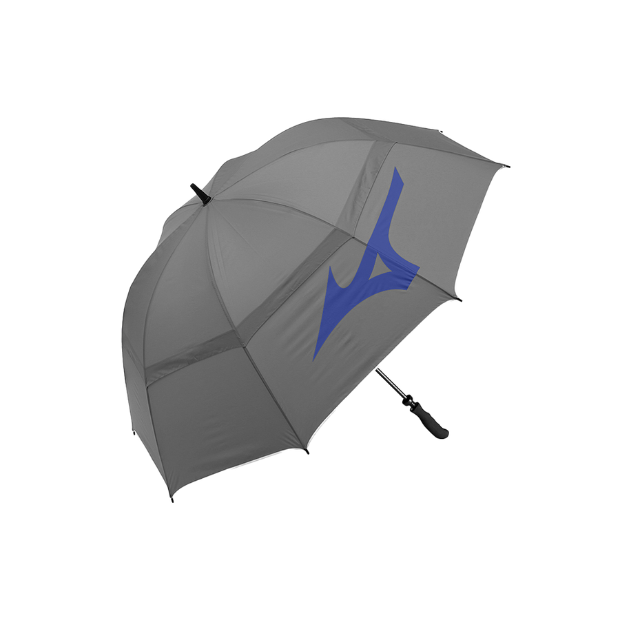 Gray mizuno golf umbrella with blue logo and black handle.