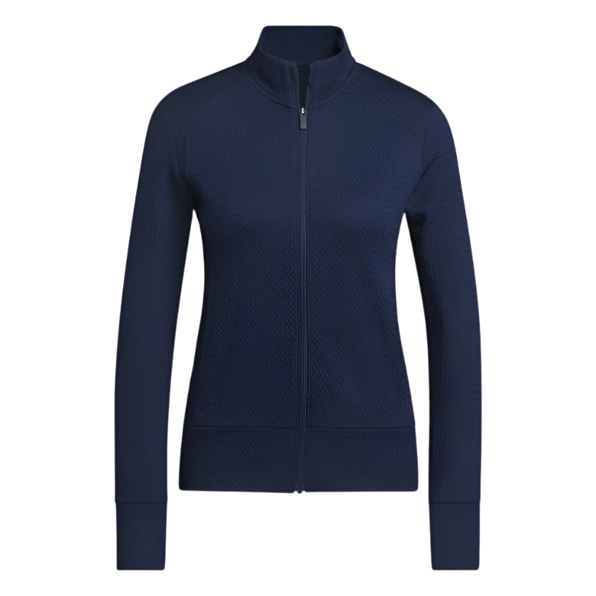 Navy blue zip-up jacket with a high collar and long sleeves.