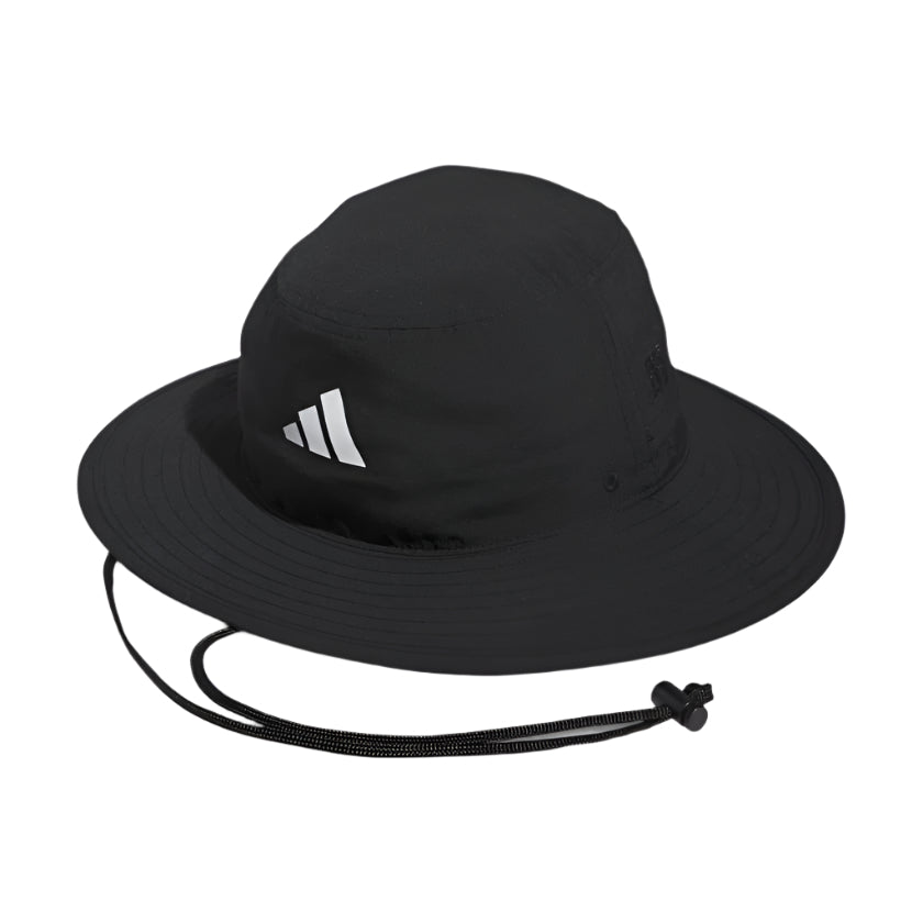 Black adidas sun hat with adjustable chin strap and reflective stripe.