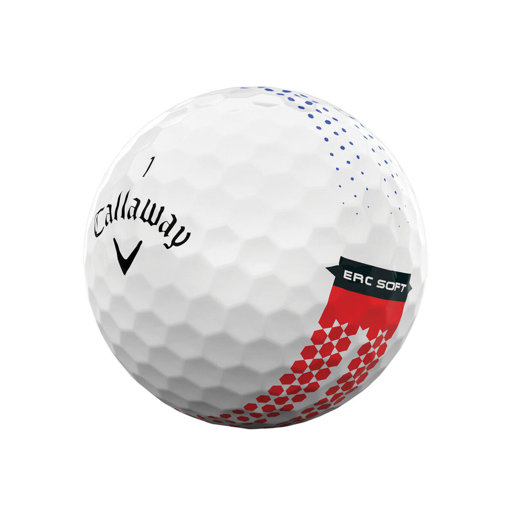 Callaway erc soft golf ball, white with red and blue hexagonal pattern.