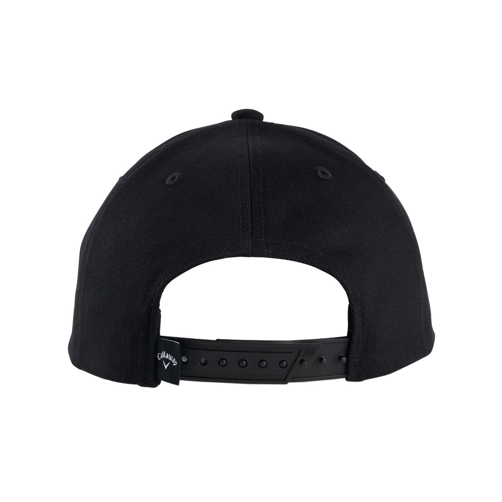 Black baseball cap with adjustable strap and button closure, likely made of cotton or polyester fabric.
