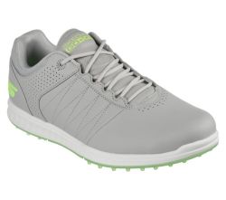 Skechers golf shoe, light gray with neon green accents and white sole.