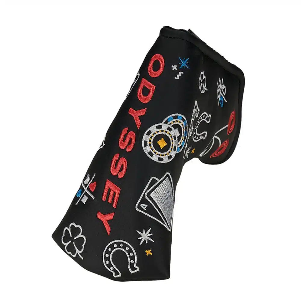 Odyssey golf putter cover with black background and colorful graphic design.