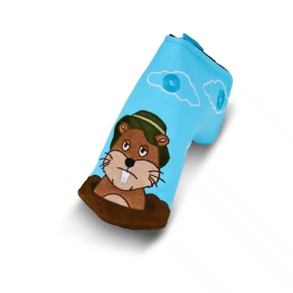 Blue beaver-themed pencil case with green hat and brown teeth design.